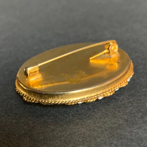 VTG Pin Micro Mosaic Italian Brooch Oval Glass Floral Red Green Gold - Picture 4 of 8